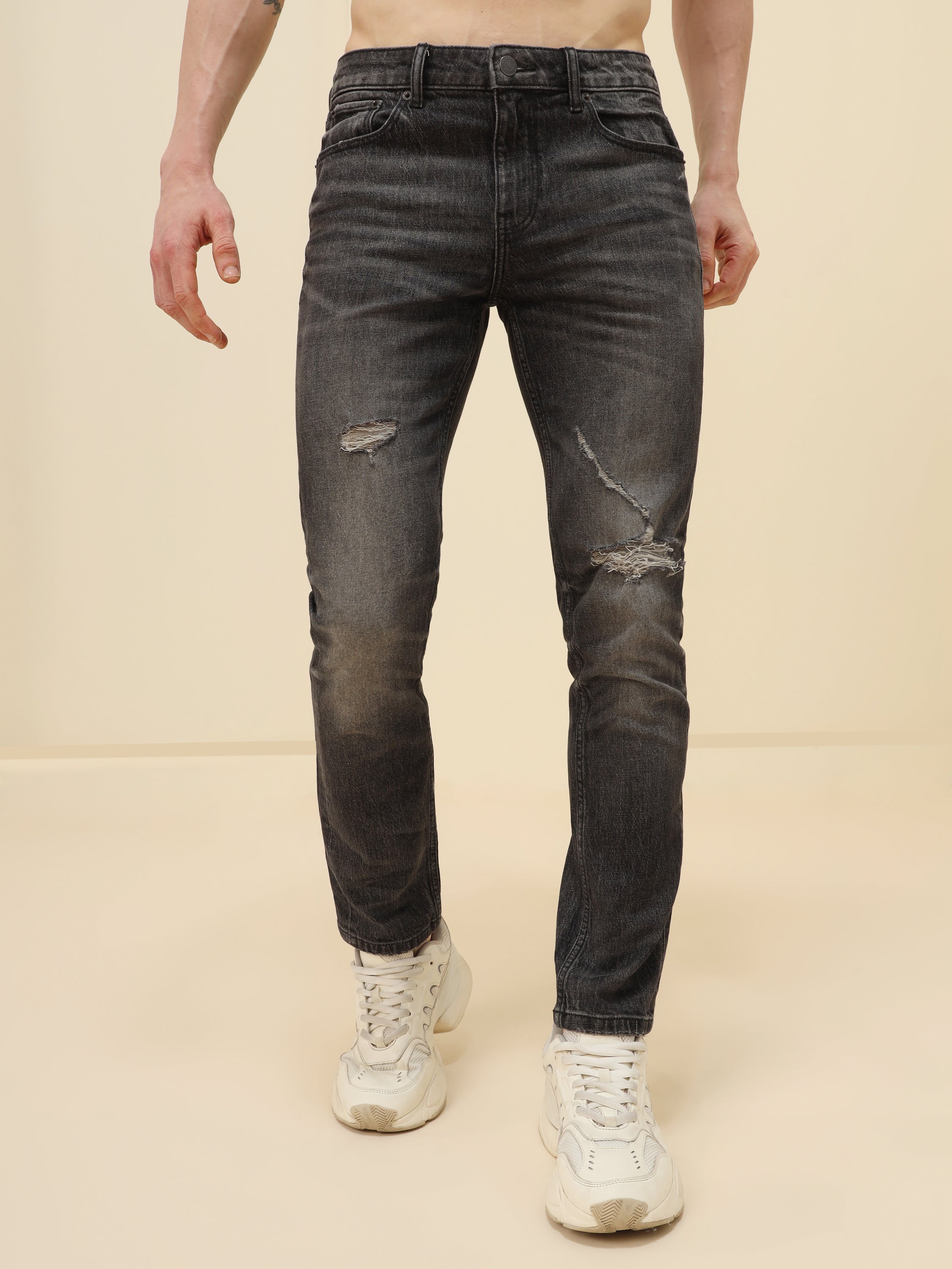 MEN GREY RIPPED SKINNY STRETCH JEANS