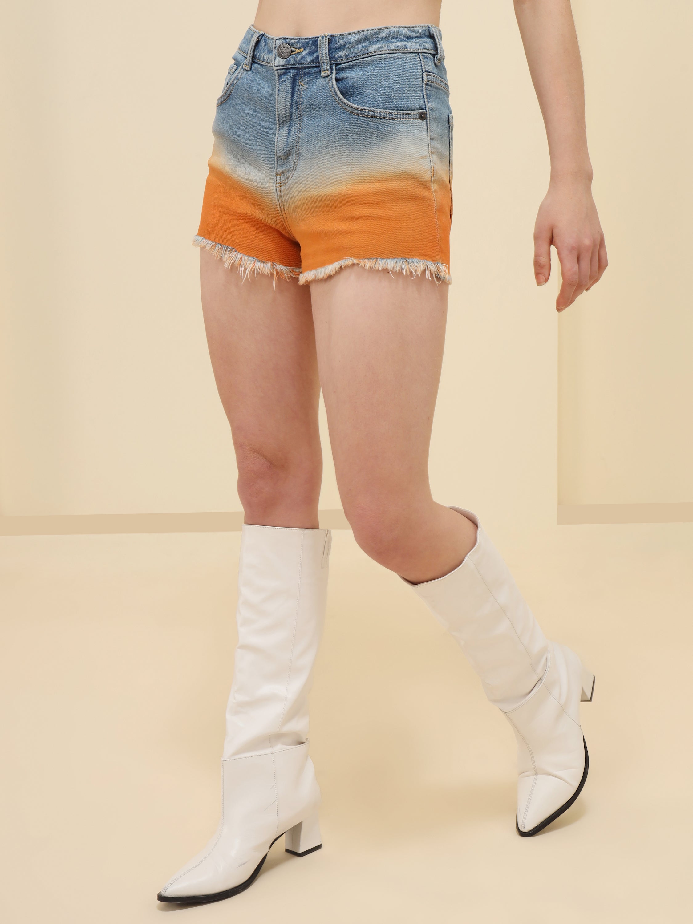 WOMEN ORANGE BLUE STRETCH DENIM HOT PANT