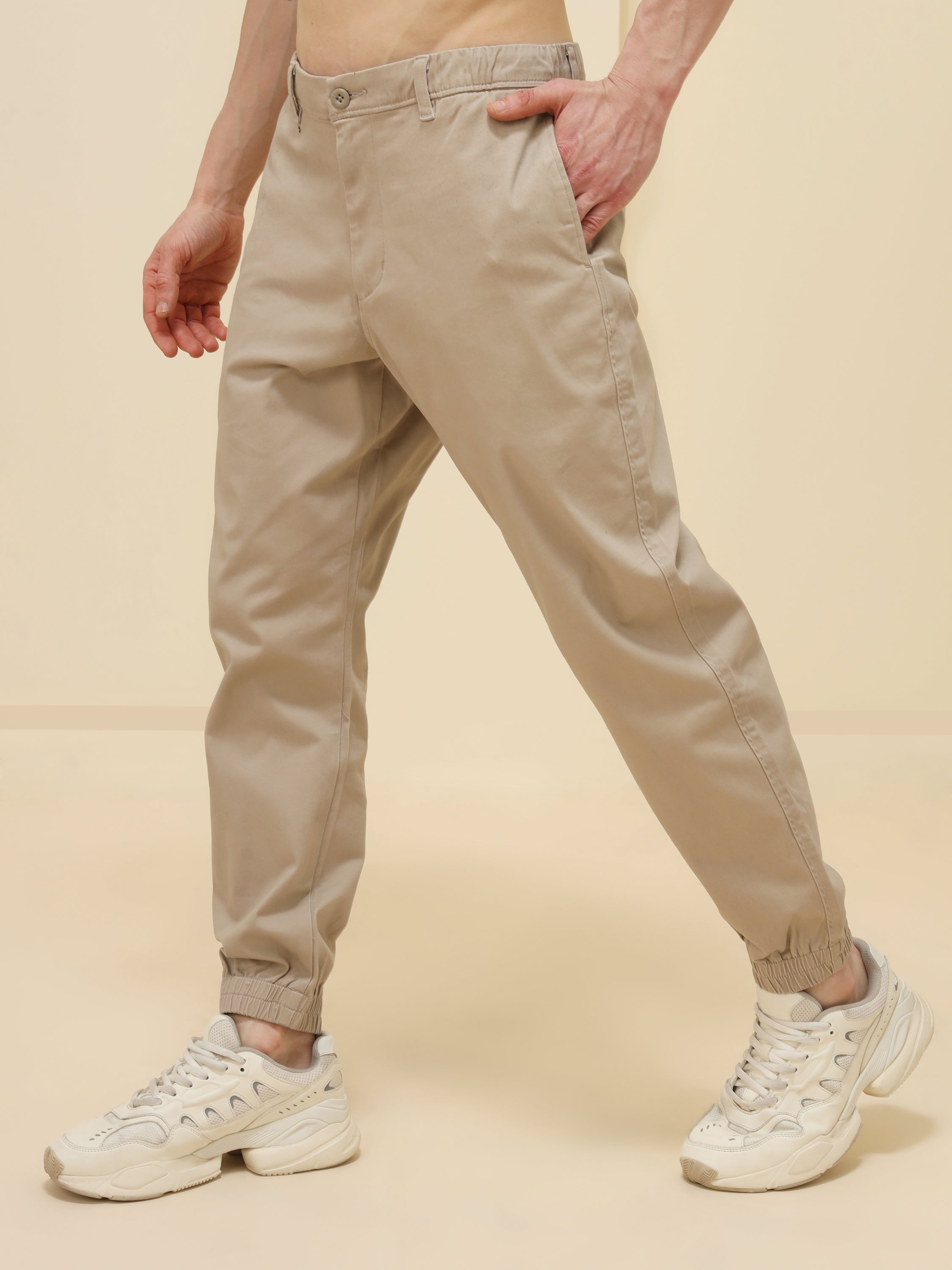 MEN BEIGE STRETCH TWILL JOGGER PANT