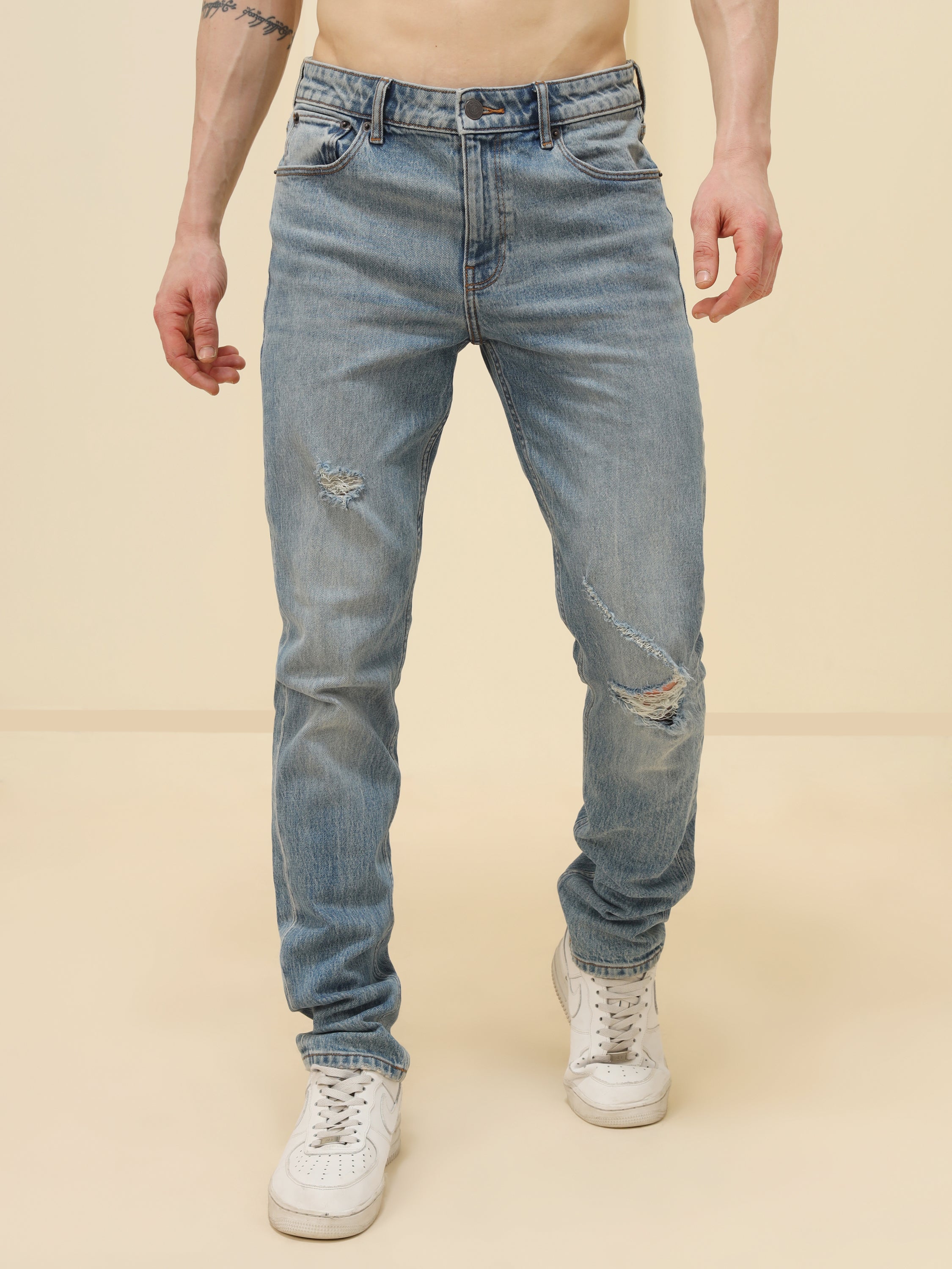 MEN BLUE RIPPED SKINNY STRETCH JEANS