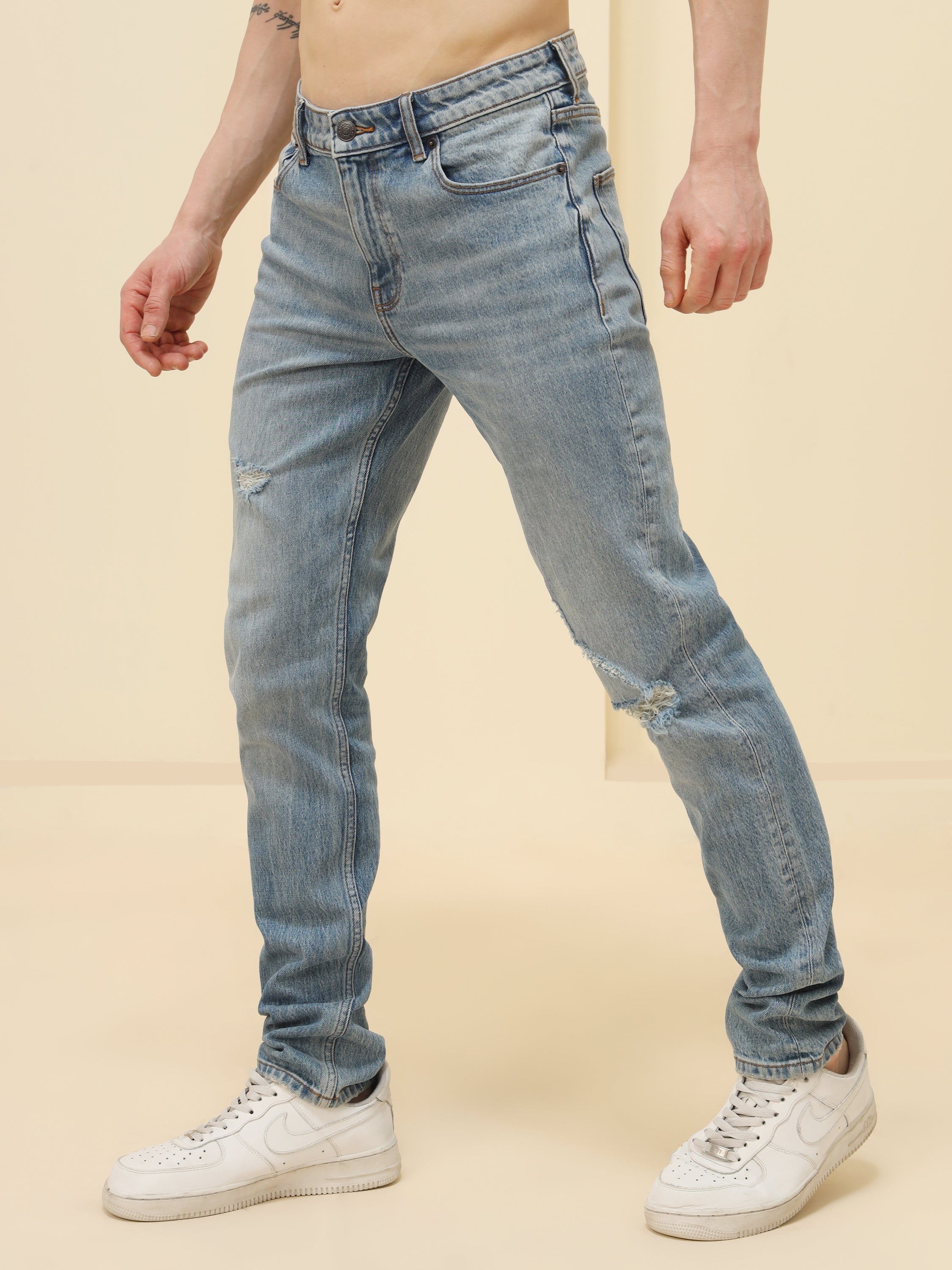 MEN BLUE RIPPED SKINNY STRETCH JEANS