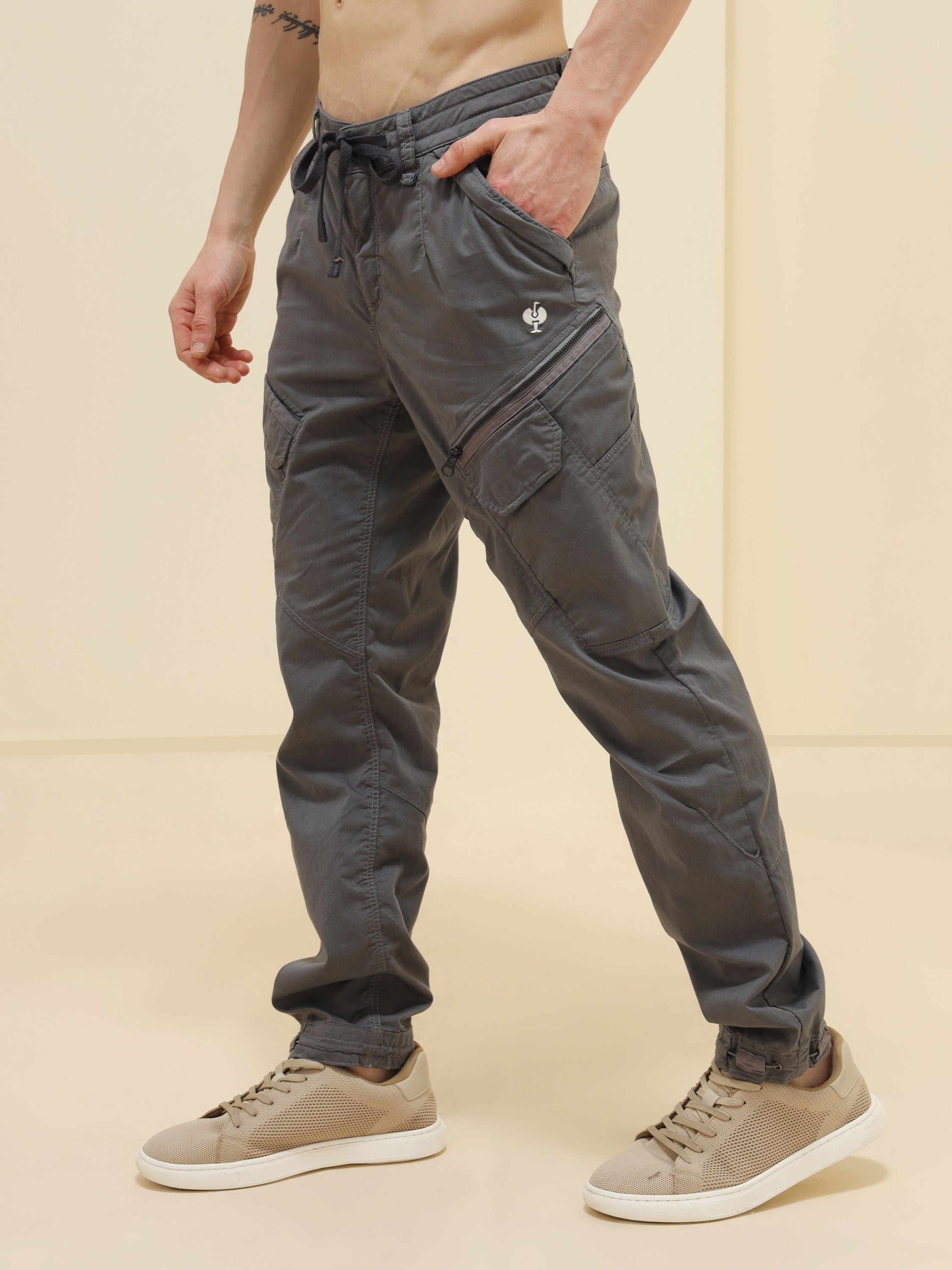 MEN GREY STRETCH TWILL SLIM CARGO PANT